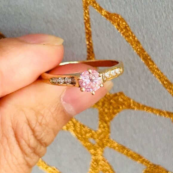 14K Gold Pink/White Cz Solitaire Ring - Picture 12 of 16